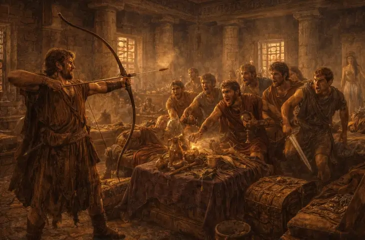 Odysseus’un dilenci kılığında İthaka sarayında yayı gererek taliplerle yüzleştiği mitolojik sahne; öfkeli talipler, gerilmiş yay ve hesaplaşma anı görülüyor.